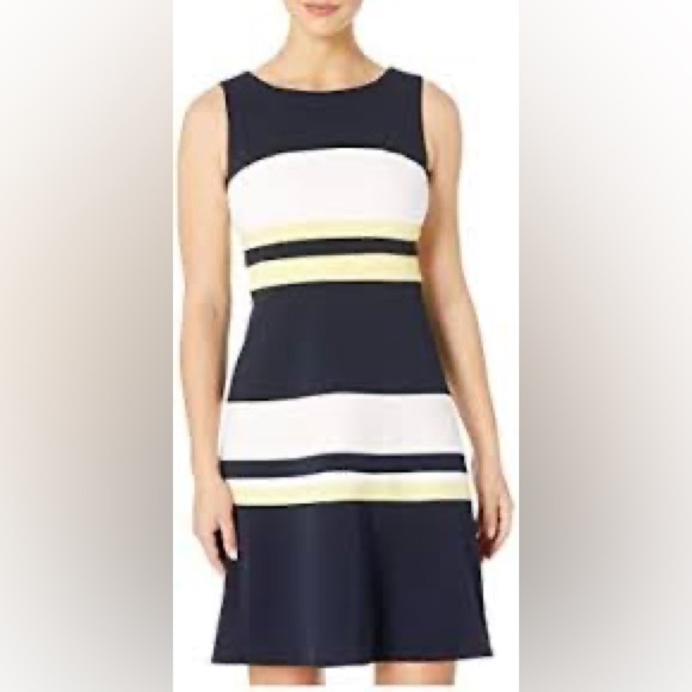 Tommy Hilfiger Sleeveless Navy, White and Yellow Striped Dress